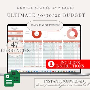 50/30/20 Budget Spreadsheet for Google Sheet Monthly Budget Planner Spreadsheet Paycheck Budget Tracker Weekly Budget 70/20/10 Budget