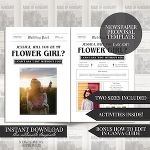 Flower Girl Proposal Newspaper Template Flower Bouquet Gift Digital Download Canva Editable