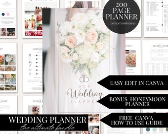 200 Page Wedding Day Information Planner Bundle Canva Template Digital Download