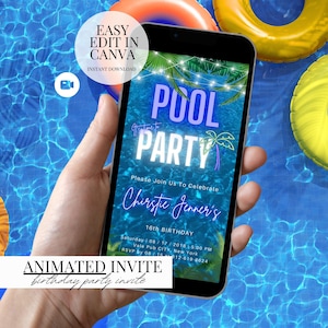 Editable Pool Party Birthday Invitation Neon Glow Swim Invite for Boys Blue Green Pool Birthday Canva Template Digital Download Evite Boy