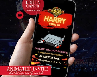 WWE Birthday Invitation Animated Wrestling Party Invite Digital Download