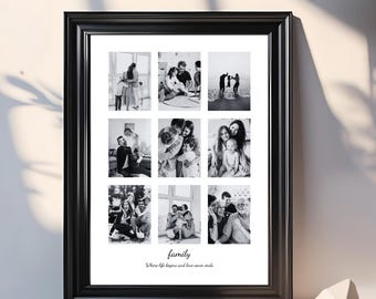 May include: Black framed print featuring nine black and white family photos. The word "family" is printed in a script font below the photos, with the phrase "Where life begins and love never ends" underneath.
