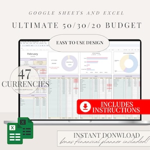 50/30/20 Budget Spreadsheet for Google Sheet Monthly Budget Planner Spreadsheet Paycheck Budget Tracker Weekly Budget 70/20/10 Budget