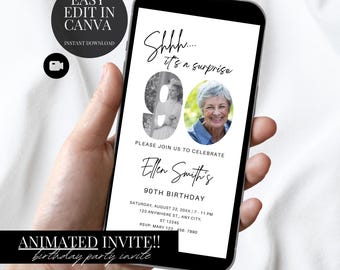Invitación de 90 cumpleaños elegante con foto - Plantilla de Evite - Descarga digital - Canva Edit