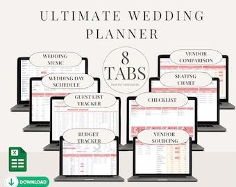 May include: A digital wedding planner displayed on multiple laptops. The planner includes tabs for wedding music, schedule, guest list, budget, checklist, vendor comparison, seating chart, and vendor sourcing. The text reads "Ultimate Wedding Planner" and "Instant Download."