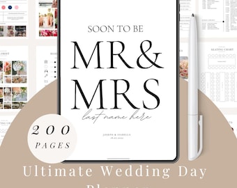 Könnte beinhalten: Ein digitaler Hochzeitsplaner auf einem Tablet, mit dem Text "SOON TO BE MR & MRS" in einer eleganten Schriftart. Der Planer umfasst 200 Seiten und ist für die einfache Bearbeitung in Canva konzipiert. Ein weißer Stift befindet sich rechts.