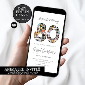 80. Einladung mit Foto-Look Whos 80. Geburtstag, Einladungsvorlage für Männer, einfacher Geburtstag, einladen, männlich bearbeitbares druckbares Bild Evite