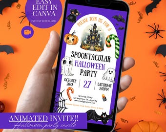May include: A smartphone displays a Halloween party invitation with a purple and orange theme. The invitation includes spooky illustrations, the text "SPOOKTACULAR HALLOWEEN PARTY", and event details. The phone is held against an orange background with Halloween decorations.