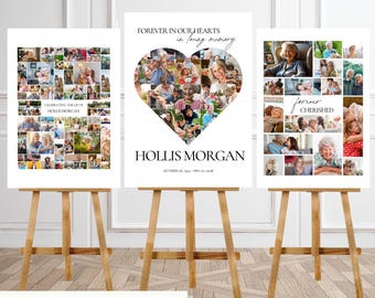 Modello per servizio commemorativo con cartello di benvenuto per funerale con collage di foto a forma di cuore, download digitale, diverse dimensioni disponibili