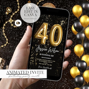 Digital 40th Birthday Party Video Invitation 40th Glam Invite Ecard Animated Black Gold Silver Diamond Evite Self Editable Template eCard