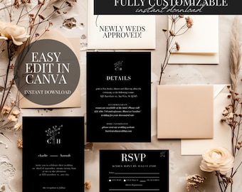 Black and White Wedding Invitation Set Modern Invite Suite Digital Download