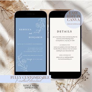 Floral Dusty Blue Minimalist Wedding Invitation Bundle Editable Templates | Wedding Invitation Suite  Instant Download Blue Wedding Evite
