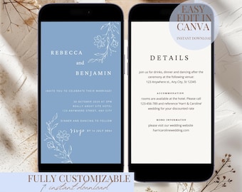 May include: A blue and white wedding invitation template with a floral design. The invitation includes the names Rebecca and Benjamin, the date and time of the wedding, and the location. The template is fully customizable and can be edited in Canva.