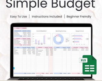 Może przedstawiać: Ekran laptopa wyświetlający arkusz budżetowy z wykresami i tabelami. Tekst na górze brzmi "Simple Budget" z dodatkowym tekstem: "Easy To Use | Instructions Included | Beginner Freindly." Tekst na dole mówi "Budget By Paycheck, Weekly, Biweekly or Weekly!"