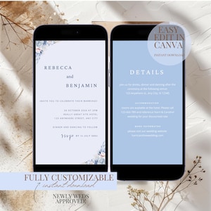 Floral Dusty Blue Minimalist Wedding Invitation Bundle Editable Templates | Wedding Invitation Suite  Instant Download Blue Wedding Evite