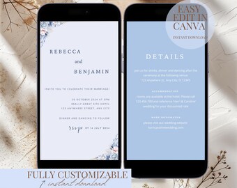 May include: A blue and white wedding invitation template with a floral design. The invitation is for Rebecca and Benjamin's wedding on October 30, 2024, at 3 PM. The invitation includes the location of the ceremony and reception, as well as the RSVP date of July 14, 2024.