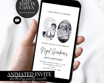 Invitación de cumpleaños número 90: elegante plantilla de foto digital de Evite y Canva.