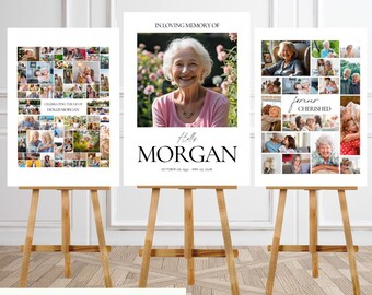 Conjunto de letreros de collage de fotos funerarias: Letreros de bienvenida para celebrar la vida. Descarga digital. Plantilla Canva.