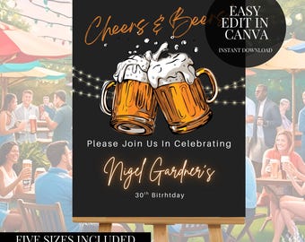 Cheers and Beers Birthday Welcome Sign Editable Beer Party Canva Digital Download