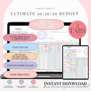 50/30/20 Budget Spreadsheet for Google Sheet Monthly Budget Planner Spreadsheet Paycheck Budget Tracker Weekly Budget 70/20/10 Budget