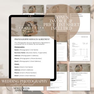 May include: A digital wedding photography services agreement template set featuring a contract, invoice, and price list sheet. The documents include fields for photographer and client contact information, service details, and terms, with a beige overlay.