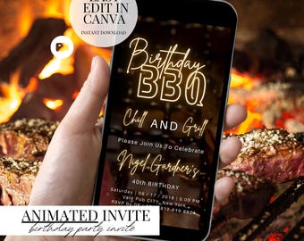 Animated BBQ Birthday Invitation Rustic Grill Party Evite DIY Template