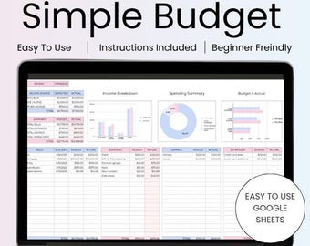 Może przedstawiać: Laptop z prostym szablonem budżetu z napisem "Simple Budget". Ekran pokazuje podział dochodów, wydatków i oszczędności, ze słowami "Easy to Use" i "Beginner Friendly". Szablon jest przeznaczony dla Arkuszy Google.