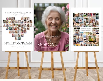 Modello per servizio commemorativo con cartello di benvenuto per funerale con collage di foto a forma di cuore, download digitale, diverse dimensioni disponibili