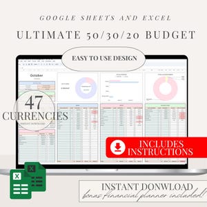 50/30/20 Budget Spreadsheet for Google Sheet Monthly Budget Planner Spreadsheet Paycheck Budget Tracker Weekly Budget 70/20/10 Budget