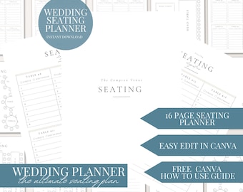 May include: A 16-page wedding seating planner printable template in a minimalist style with a blue and white color scheme. The template includes a seating chart, table assignments, and a "Wedding Planner" title. The text "Easy Edit in Canva" and "Free Canva How to Use Guide" are also included.