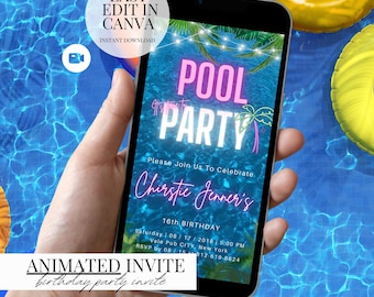 Neon Pool Party Invitation Video Editable Canva Template Digital Download