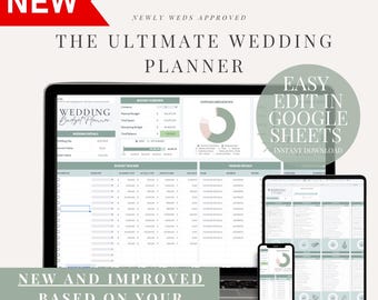 Peut inclure: Un planificateur de budget de mariage numérique affiché sur une tablette, un ordinateur portable et un smartphone. Le planificateur présente une mise en page de feuille de calcul avec des sections pour l'aperçu du budget, les dépenses et les détails des fournisseurs. Le texte comprend "The Ultimate Wedding Planner".