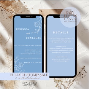 Floral Dusty Blue Minimalist Wedding Invitation Bundle Editable Templates | Wedding Invitation Suite  Instant Download Blue Wedding Evite