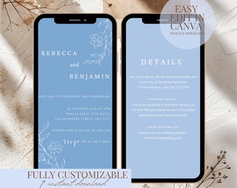 May include: A blue and white wedding invitation template with a floral design. The text on the invitation reads "Rebecca and Benjamin" and includes details about the wedding ceremony and reception. The invitation is fully customizable and can be edited in Canva.