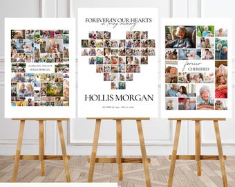 Modello per servizio commemorativo con cartello di benvenuto per funerale con collage di foto a forma di cuore, download digitale, diverse dimensioni disponibili