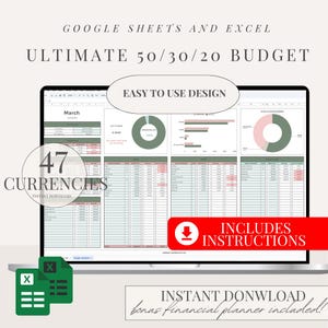 50/30/20 Budget Spreadsheet for Google Sheet Monthly Budget Planner Spreadsheet Paycheck Budget Tracker Weekly Budget 70/20/10 Budget