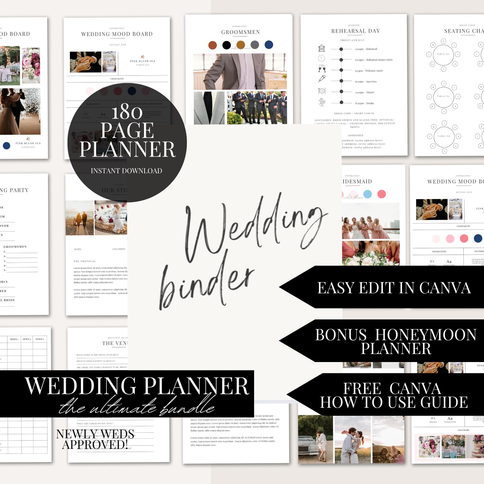 180 Page Wedding Day Binder Template Wedding Day Coordination Wedding Day Information Wedding Itinerary Wedding Planner Canva Template Edit
