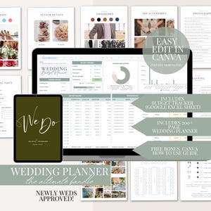 Pacchetto Wedding Planner Canva Google Sheet, budget per matrimoni, tracker per la lista degli invitati, foglio di calcolo Canva Wedding Planner, raccoglitore per il giorno del matrimonio