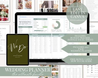 Pacchetto Wedding Planner Canva Google Sheet, budget per matrimoni, tracker per la lista degli invitati, foglio di calcolo Canva Wedding Planner, raccoglitore per il giorno del matrimonio