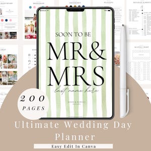 Op de afbeelding: Een digitale trouwplanner op een tablet, met een groen-witte gestreepte achtergrond en de tekst "SOON TO BE MR & MRS". De planner bevat secties voor planning, zitplaatsen en een moodboard. De tekst "Ultimate Wedding Day Planner" is ook zichtbaar.