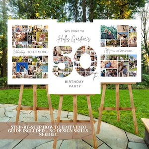 Plantilla de Canva para collage de fotos de 50 cumpleaños, póster editable con el número 50 y muchas fotos, letrero de bienvenida imprimible para un cumpleaños importante.