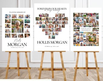 Modello per servizio commemorativo con cartello di benvenuto per funerale con collage di foto a forma di cuore, download digitale, diverse dimensioni disponibili