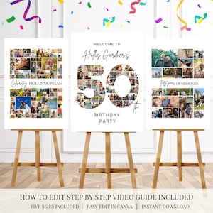 Plantilla de Canva para collage de fotos de 50 cumpleaños, póster editable con el número 50 y muchas fotos, letrero de bienvenida imprimible para un cumpleaños importante.