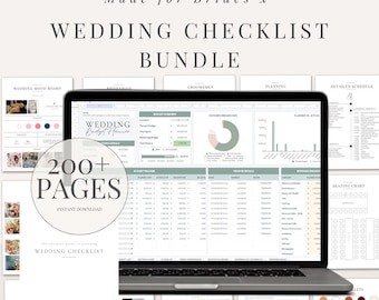 May include: A digital wedding checklist bundle with a laptop displaying a spreadsheet. The text reads "Wedding Checklist Bundle" and "Ultimate Wedding Planner." Additional pages include a mood board, seating chart, and budget tracker. The bundle contains over 200 pages.