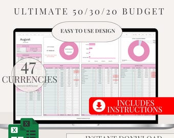 Puede incluir: Una pantalla de portátil que muestra una hoja de cálculo de presupuesto rosa y blanca. El texto en la pantalla dice "ULTIMATE 50/30/20 BUDGET" y "47 CURRENCIES". Una pancarta roja dice "INCLUDES INSTRUCTIONS". La imagen también incluye el texto "INSTANT DOWNLOAD".