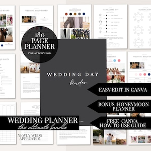 180 Page Wedding Day Binder Template Wedding Day Coordination Wedding Day Information Wedding Itinerary Wedding Planner Canva Template Edit