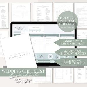 Könnte beinhalten: Ein digitales Hochzeits-Checklisten-Bundle mit einem Laptop, der eine Tabelle anzeigt. Das Bundle enthält eine detaillierte Checkliste, ein Google Excel-Sheet, einen 160-Punkte-Planer und einen Canva-Leitfaden. Text: "Wedding Checklist".