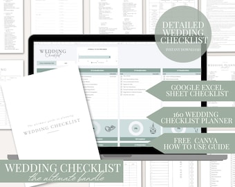 May include: A digital wedding checklist bundle with a laptop displaying a spreadsheet. The bundle includes a detailed checklist, Google Excel sheet, 160-item planner, and a Canva guide. Text includes "Wedding Checklist" and "Newly Weds Approved!"