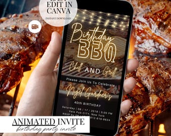 Animated BBQ Birthday Invitation Rustic Grill Party Evite DIY Editable Template