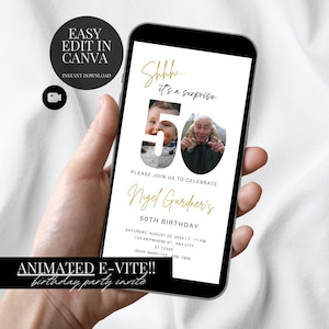 Minimalist 50th Birthday Invitation Surprise Party Photo Evite Digital Download Canva Edit